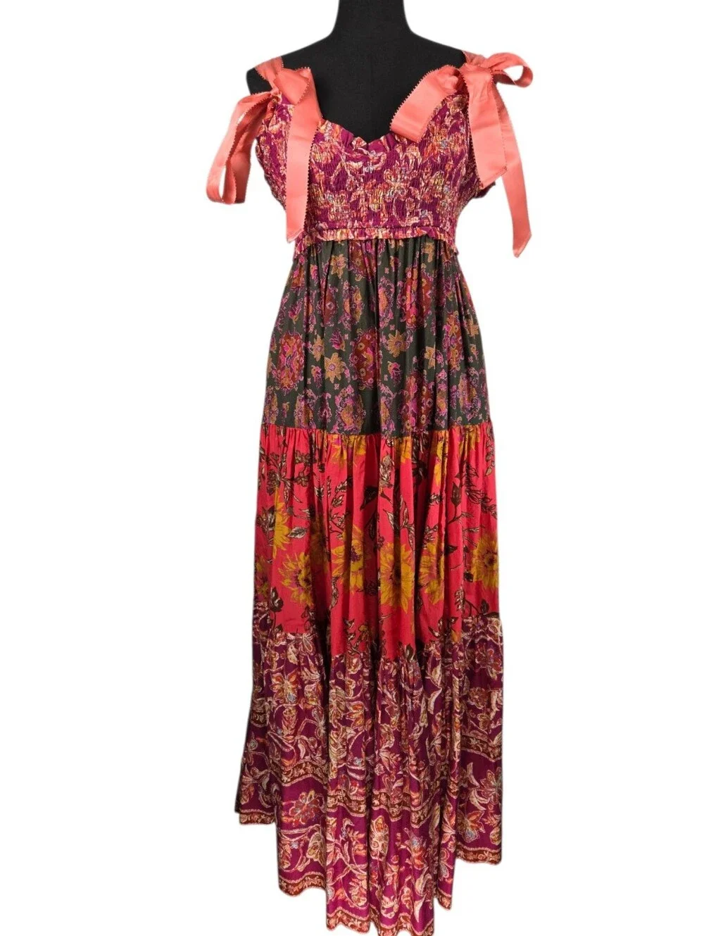 Free People Bluebell Maxi Dress Magenta Combo Floral Boho Smocked Pockets Sz S - Picture 8 of 16